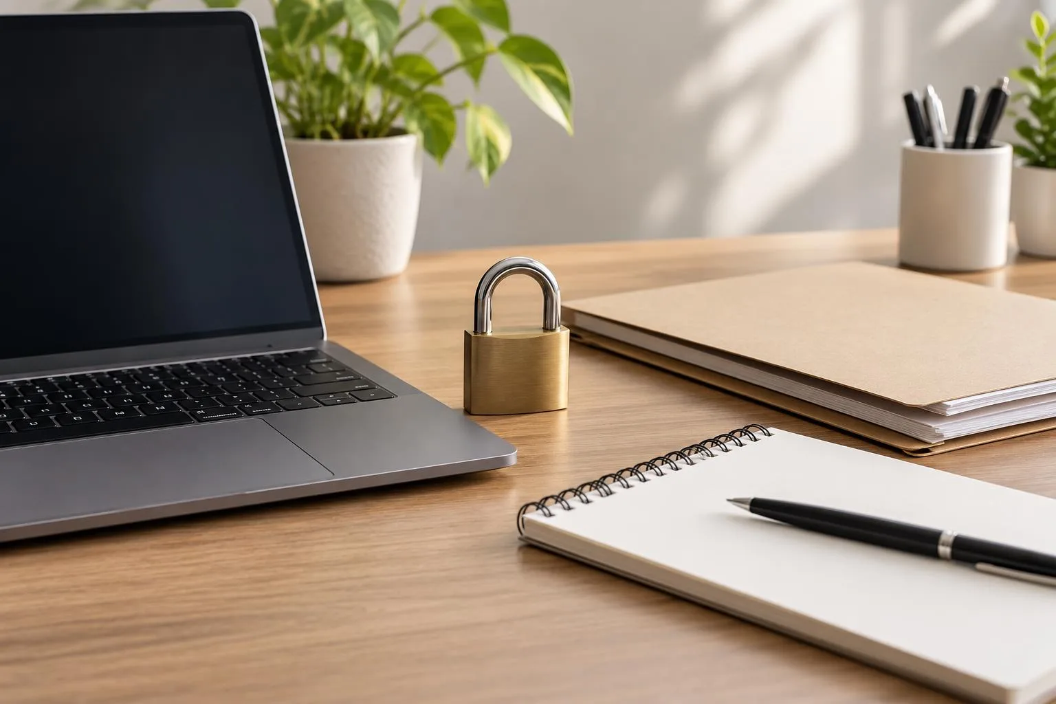 Laptop mit Schloss und neutralen Unterlagen fuer den verantwortungsvollen Umgang mit Online-Inhalten.